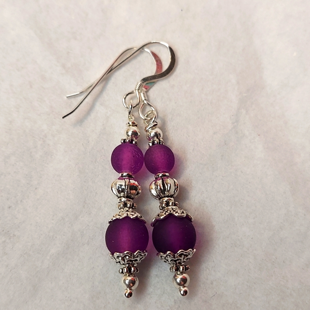 Frosted Fuschia Glass Drop Earrings .925 Sterling Earwires Free GiftBag